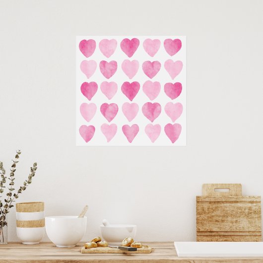 Mooie Roze Waterverf Harten Poster (Keuken)