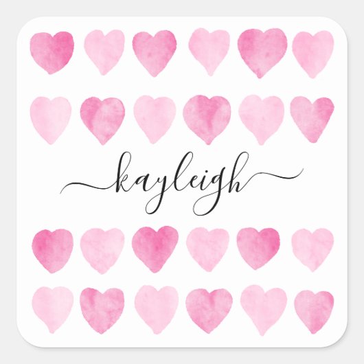 Mooie Roze Waterverf Harten Vierkante Sticker (Voorkant)