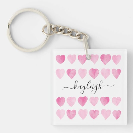 Mooie Roze Waterverf Hartjes Sleutelhanger (Voorkant)