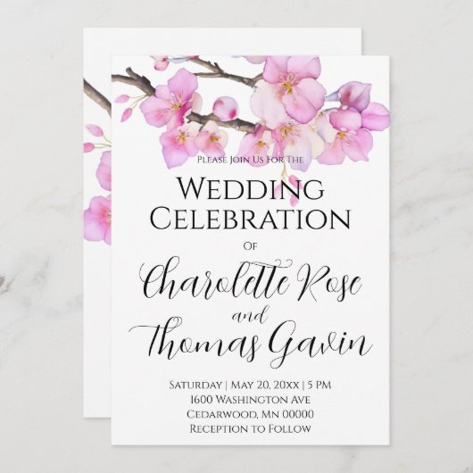 Mooie roze waterverf kersenbloesems bruiloft kaart (Voorkant / Achterkant)