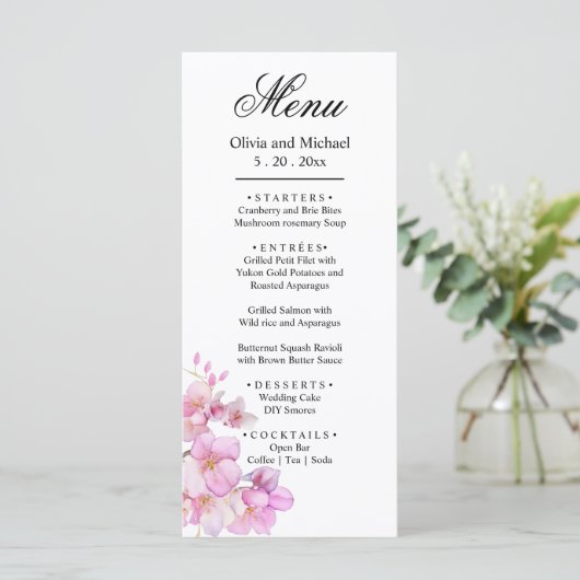 Mooie roze waterverf kersenbloesems bruiloft menu (Staand voorkant)