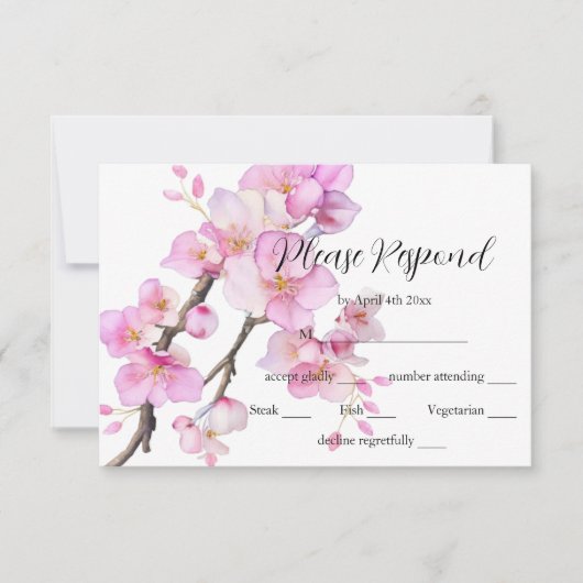 Mooie roze waterverf kersenbloesems RSVP kaartje (Voorkant)