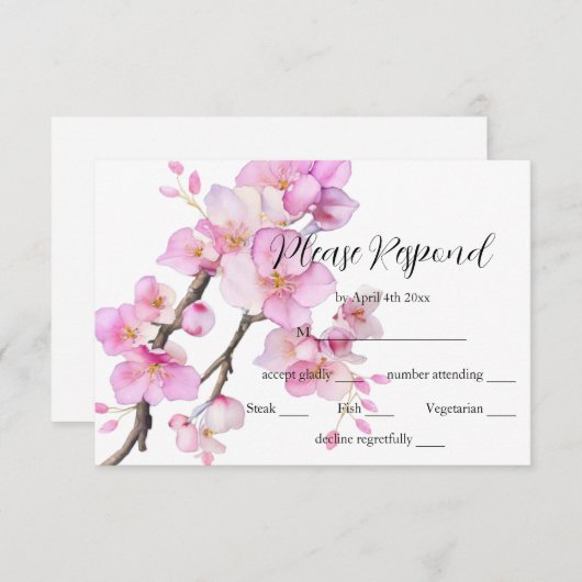 Mooie roze waterverf kersenbloesems RSVP kaartje (Voorkant / Achterkant)