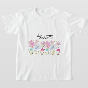 Mooie Roze Waterverf Wilde Bloemen Geborduurd Init T-shirt