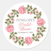 MOOIE ROZE WILDE ROZEN BRUIDSSLUIER NAAM DATUM RONDE STICKER (Voorkant)