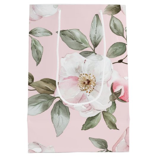 Mooie Roze Witte Bloemen Bruiloftsontbijt Medium Cadeauzakje (Achterkant)