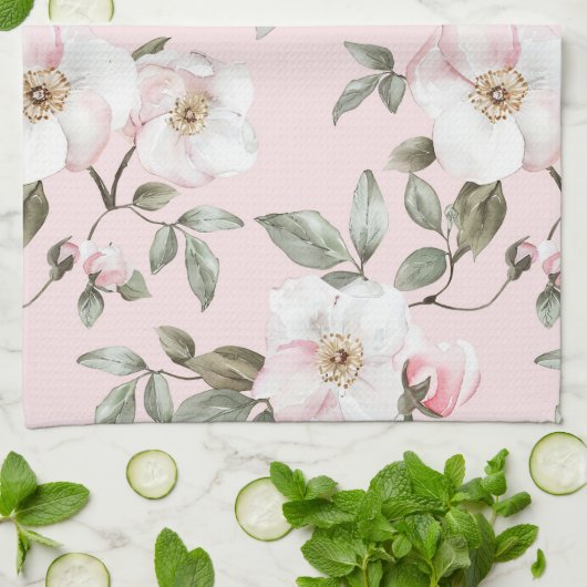 Mooie Roze Witte Bloemen Bruiloftsontbijt Theedoek (Gevouwen)