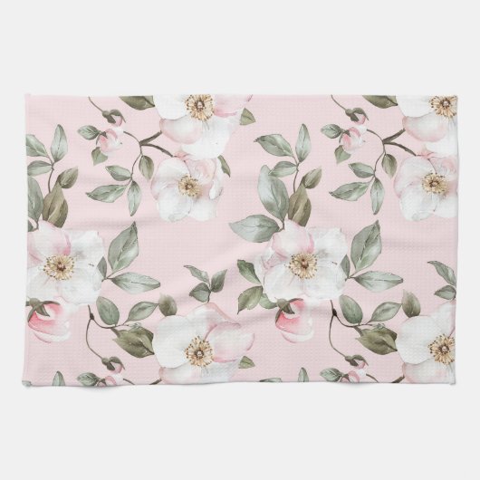 Mooie Roze Witte Bloemen Bruiloftsontbijt Theedoek (Horizontaal)