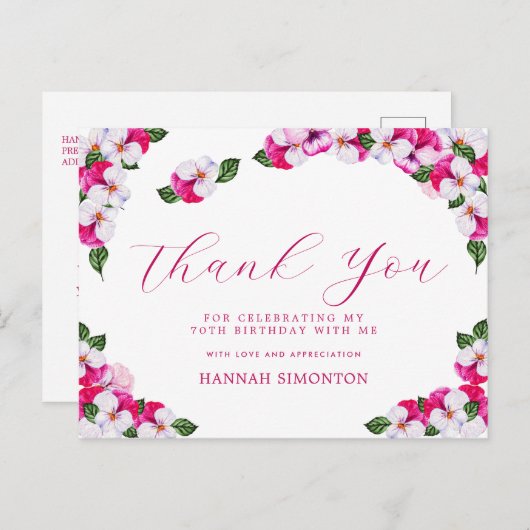 Mooie Roze Witte Bloemige 70e Verjaardag Bedankt Briefkaart (Voorkant / Achterkant)