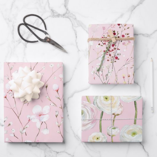 Mooie Roze Witte Bloemige Bruidsdouche Inpakpapier Vel (Voorkant)