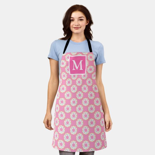 Mooie Roze & Witte Donuts Monogram Schort (Gedragen)