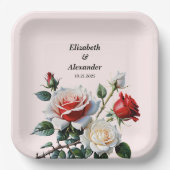 Mooie roze witte rode rozen bloemige bruiloft papieren bordje (Voorkant)