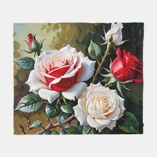 Mooie roze witte rode rozen olieverfschilderij fleece deken (Voorkant (Horizontaal))
