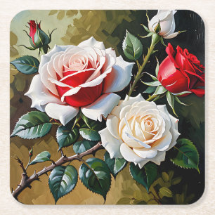 Mooie roze witte rode rozen olieverfschilderij kartonnen onderzetters