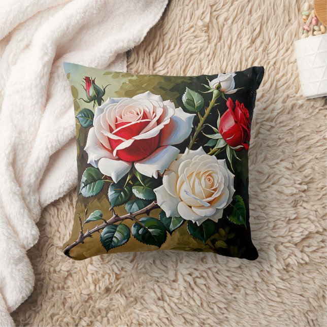 Mooie roze witte rode rozen olieverfschilderij kussen (Deken)