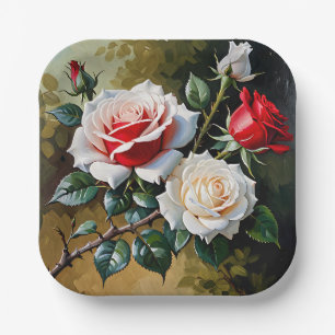 Mooie roze witte rode rozen olieverfschilderij papieren bordje