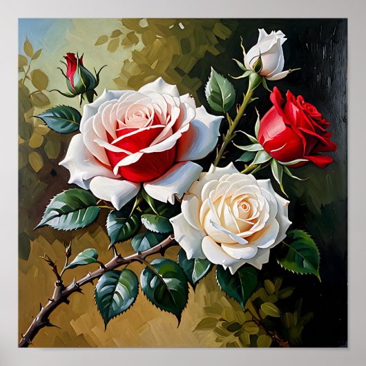 Mooie roze witte rode rozen olieverfschilderij poster (Voorkant)