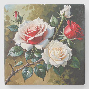 Mooie roze witte rode rozen olieverfschilderij stenen onderzetter