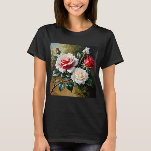 Mooie roze witte rode rozen olieverfschilderij t-shirt