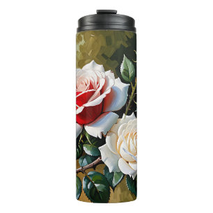Mooie roze witte rode rozen olieverfschilderij thermosbeker