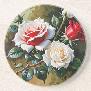 Mooie roze witte rode rozen olieverfschilderij zandsteen onderzetter