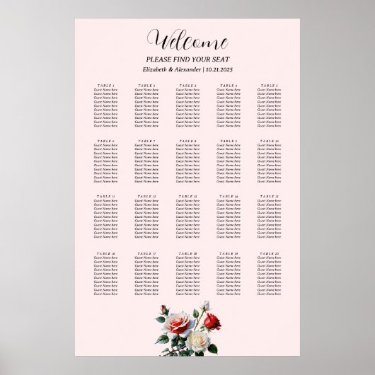 Mooie roze witte rode rozen zitplaatskaart poster (Voorkant)