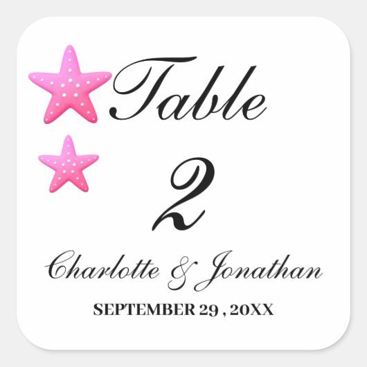 Mooie Roze Zeester Strand Bruiloft Tafel Nummers Vierkante Sticker (Voorkant)