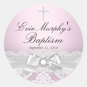 Mooie Roze Zilveren Damast & Lint Doop Sticker