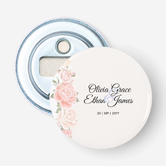 Mooie Rozen Bloemige Bruiloft  Button Flesopener (Voorkant)
