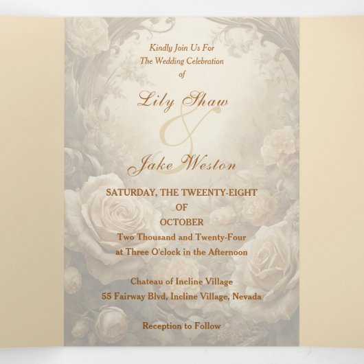 Mooie Rozen bruiloft Drieluik Uitnodiging (Binnenkant midden)