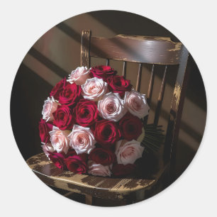Mooie rozen op een rustieke stoel ronde sticker