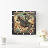 Mooie ruiter op een paard in woestijnlandschap vierkante klok (Huis)