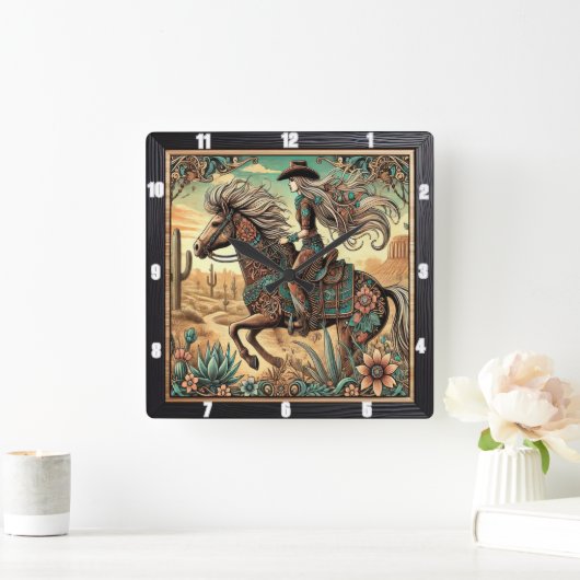 Mooie ruiter op een paard in woestijnlandschap vierkante klok (Huis)