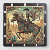 Mooie ruiter op een paard in woestijnlandschap vierkante klok (Voorkant)