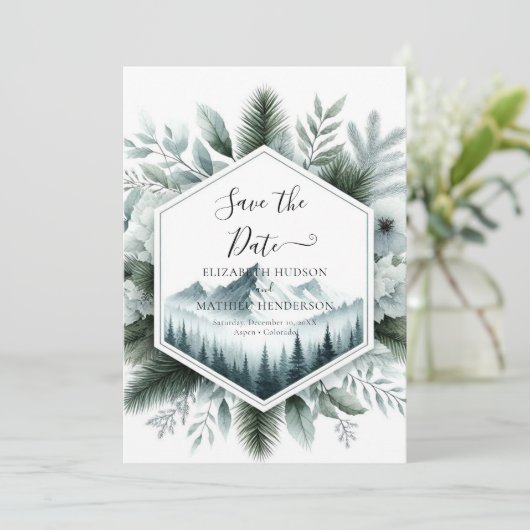 Mooie rustieke berg bruiloft save the date (Staand voorkant)