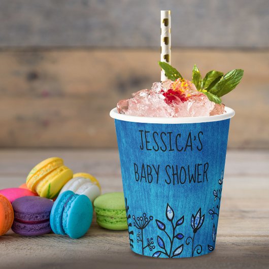 Mooie Rustieke Blauwe Bloemige Aangepaste Naam Bab Papieren Bekers