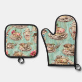 Mooie rustieke blauwe houten keuken illustraties ovenwant & pannenlap set (Voorkant)