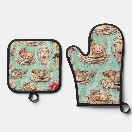 Mooie rustieke blauwe houten keuken illustraties ovenwant & pannenlap set (Voorkant)