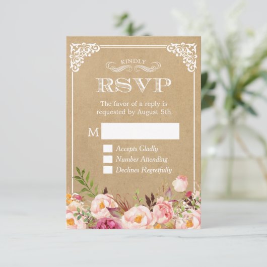 Mooie Rustieke Bloemige Kraft Elegante Trouw-RSVP RSVP Kaartje (Staand voorkant)