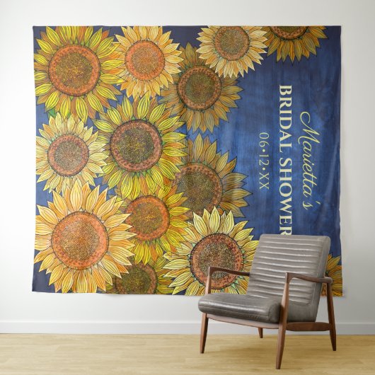 Mooie rustieke boho zonnebloem marineblauwe bruids wandkleed (In Situ (horizontaal))