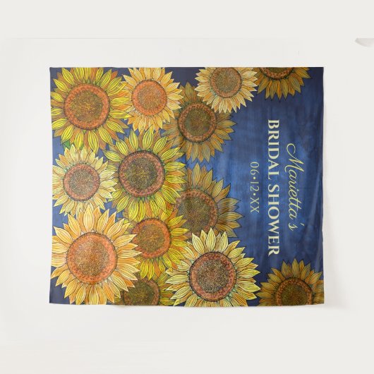 Mooie rustieke boho zonnebloem marineblauwe bruids wandkleed (Voorkant (horizontaal))