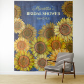 Mooie rustieke boho zonnebloem marineblauwe bruids wandkleed (In situ)