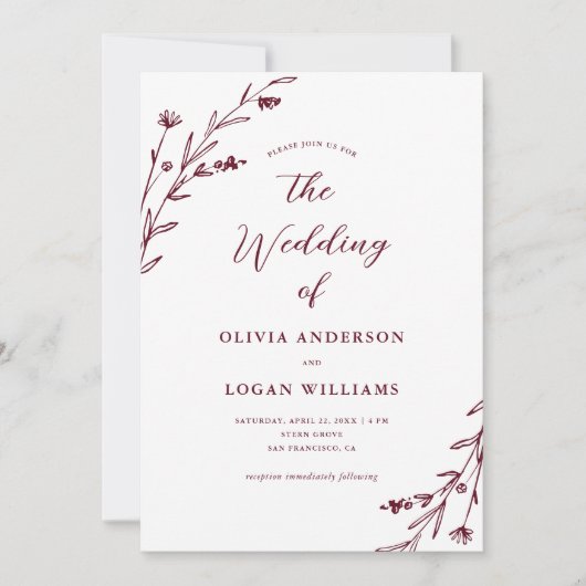 Mooie rustieke Bourgondische Wildflower Boho bruil Kaart (Voorkant)