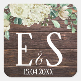 Mooie rustieke houten bloemige monogram huwelijksd vierkante sticker