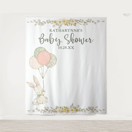 Mooie Rustieke Konijn Bloem Baby Shower Achtergron Wandkleed (Voorkant)