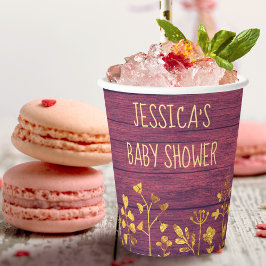 Mooie rustieke paarse gouden bloemige naam babyfee papieren bekers