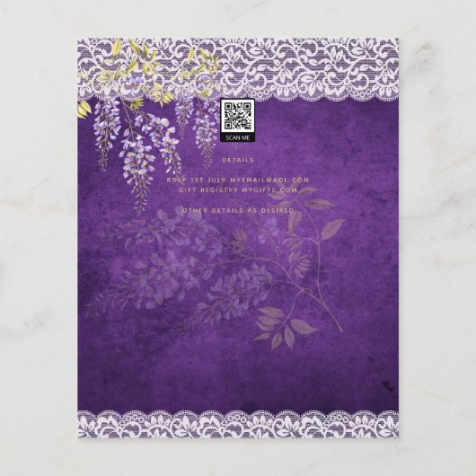 Mooie Rustieke Paarse WISTERIA Kant Bruiloft Flyer (Achterkant)