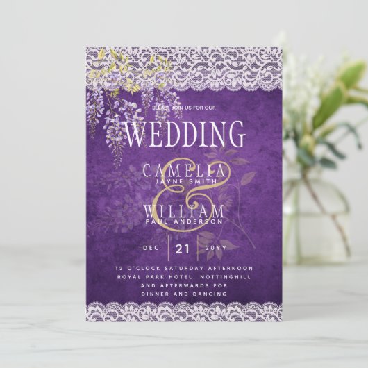 Mooie Rustieke Paarse WISTERIA Kant Bruiloft Kaart (Staand voorkant)