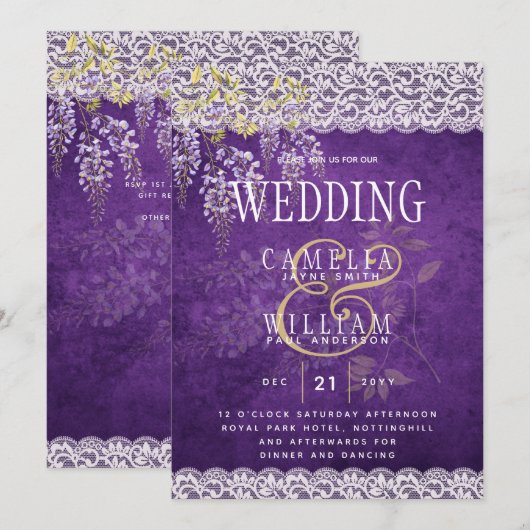 Mooie Rustieke Paarse WISTERIA Kant Bruiloft Kaart (Voorkant / Achterkant)