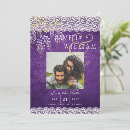 Mooie Rustieke Paarse WISTERIA Kant Bruiloft Kaart (Staand voorkant)